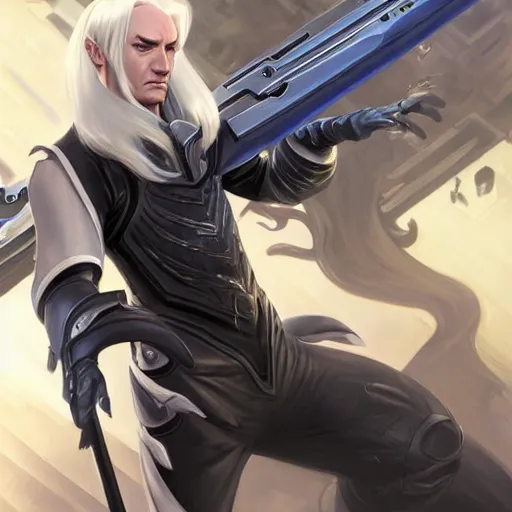 Image similar to Lucius Malfoy the genetically augmented super soldier with a long gleaming gunblade from league of legends, highly detailed, digital painting, artstation, concept art, smooth, sharp focus, illustration, ArtStation, art by artgerm and greg rutkowski and alphonse mucha and Edmund Blair Leighton and Charlie Bowater