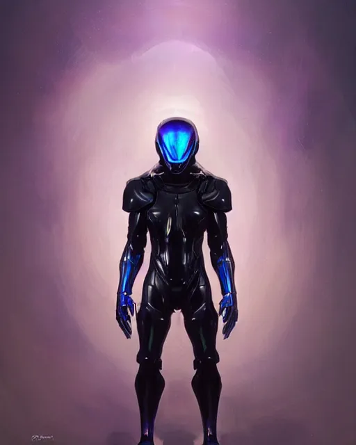 Prompt: character concept of iridescent sinewy smooth muscular male sleek glossy indigo black pearlescent scifi armor with smooth black onyx featureless helmet, by greg rutkowski, mark brookes, jim burns, tom bagshaw, magali villeneuve, trending on artstation