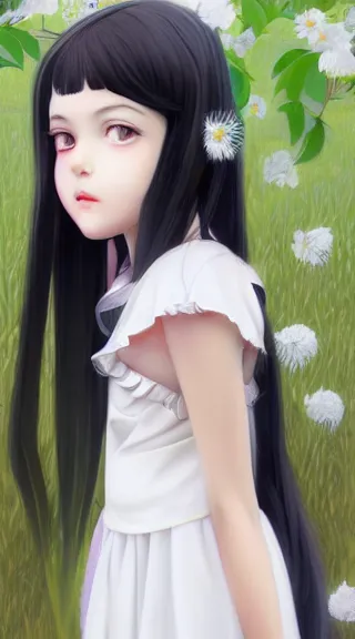 Image similar to little girl with her long black hair dressed in a simple white dress putting flowers on hair, anime art style, digital artwork made by ilya kuvshinov, inspired in balthus, hd, 4 k, hyper detailed