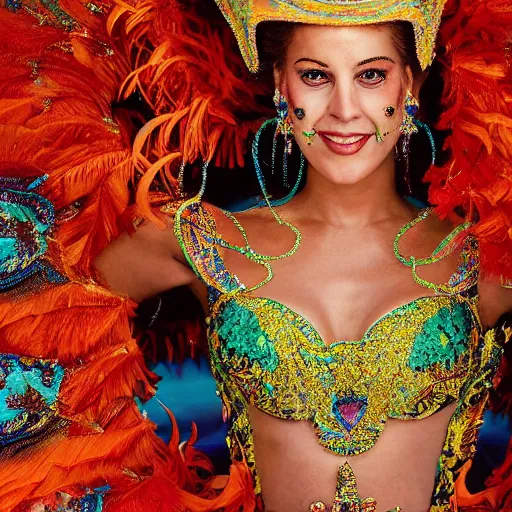 Prompt: photography of brazilian carnaval queen by annie leibovitz and joe mcnally and richard avedon, perfect facial symmetry, dim volumetric cinematic lighting, 8 k, post - processing, extremely hyper - detailed, intricate, epic composition, masterpiece, stunning,