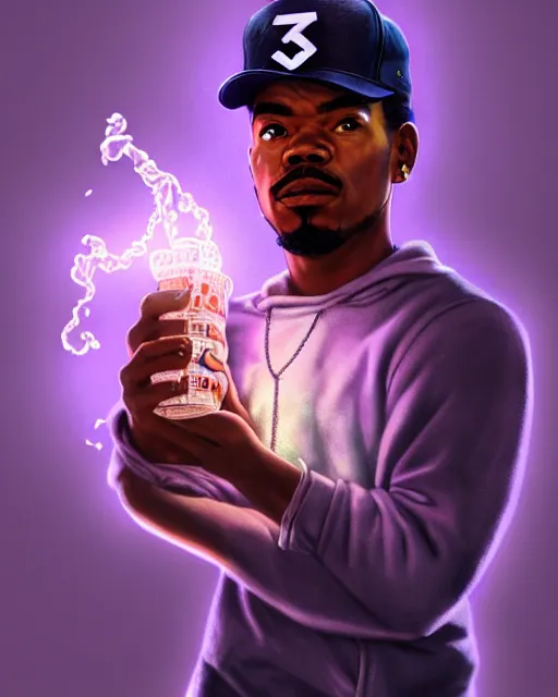 Image similar to chance the rapper holding cup of codeine, accurate details, detailed face, holy liquid in cup glowing, fantasy, dramatic, intricate, elegant, highly detailed, digital painting, artstation, concept art, smooth, sharp focus, illustration, art by Gustave Dore, octane render