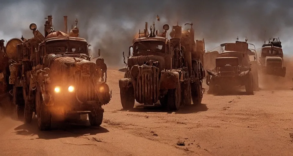Image similar to still frame of rusty punk Thomas the Tank Engine in MAD MAX: FURY ROAD (2015)