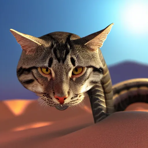 Image similar to a snake cat in the desert wild nature HD photo superrealism 3d 8k resolution