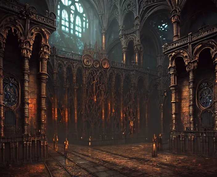 Image similar to steam necropolis, memento mori, gothic, neo - gothic, art nouveau, hyperdetailed copper patina medieval icon, stefan morrell, philippe druillet, ralph mcquarrie, concept art, steampunk, unreal engine, detailed intricate environment, octane render, moody atmospherics, volumetric lighting, ultrasharp, ominous, otherworldly