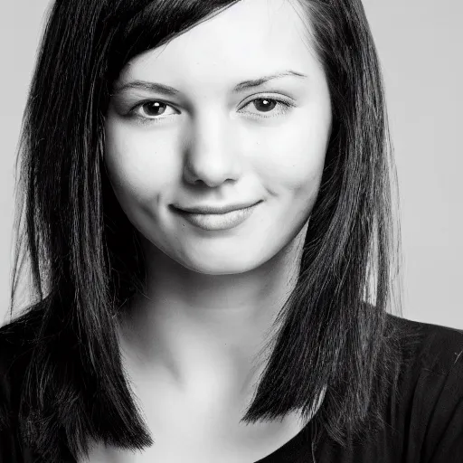 Image similar to young woman with shoulder - length messy black hair, slightly smiling, 1 3 5 mm nikon portrait