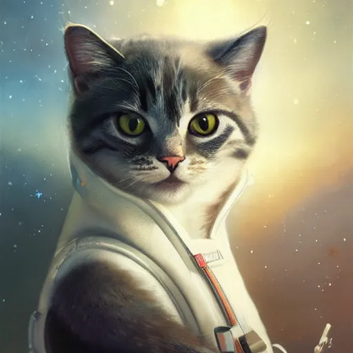 Image similar to head and shoulders masterpiece portrait of a cute adorable cat wearing a spacesuit, surreal background, digital art by krenz cushart,, moebius, greg rutkowski, zabrocki, karlkka, jayison devadas, phuoc quan, trending on artstation, 8 k, cgsociety,