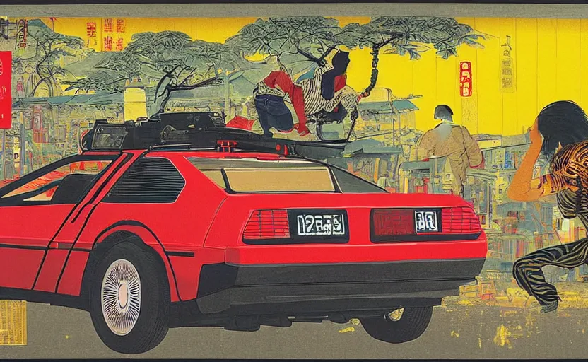 Image similar to a red delorean and a yellow tiger in ajegunle slum of lagos - nigeria, painting by hsiao - ron cheng, utagawa kunisada & salvador dali, magazine collage style,