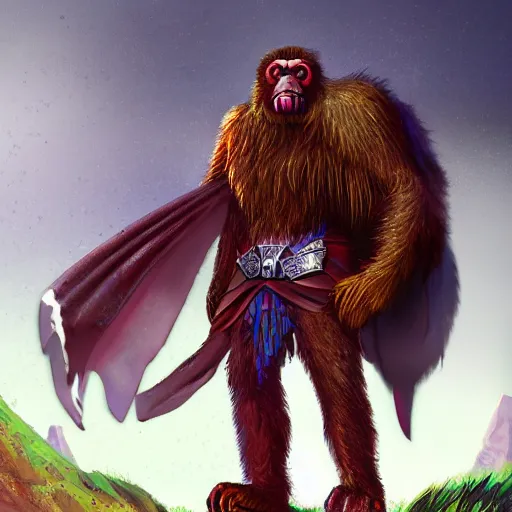 Image similar to fury art, an anthro ape wearing a large cape and a fantasy armor, colorful background, 3 d, 8 k, extremely detailed, trending on furaffinity, trending on artstation, award winning, sharp focus, illustration