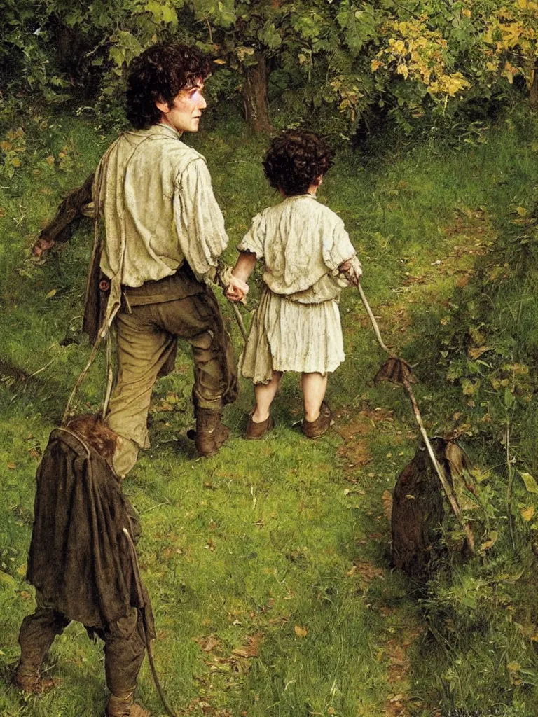 Image similar to a portrait of frodo baggins walking in the shire by Norman Rockwell