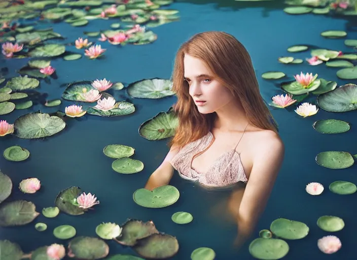 Image similar to Kodak Portra 400, 8K, soft light, volumetric lighting, highly detailed, britt marling style 3/4, photo close-up portrait of extreme beautiful girl floating in water surrounded by lily pads, half face in the water, a beautiful lace dress and hair are intricate with highly detailed realistic beautiful flowers , Realistic, Refined, Highly Detailed, natural outdoor soft pastel lighting colors scheme, outdoor fine art photography, Hyper realistic, photo realistic