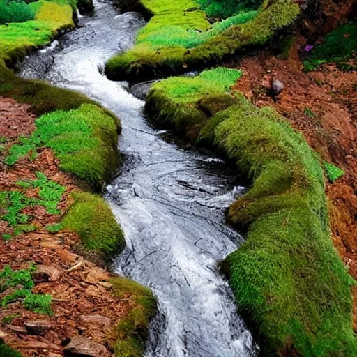 Prompt: mountains with water flowing from the root. lovely colors alla round