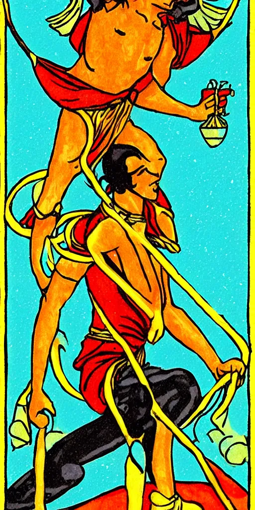 Image similar to the fool, rider - waite tarot card with an art deco boarder, high quality, digital painting
