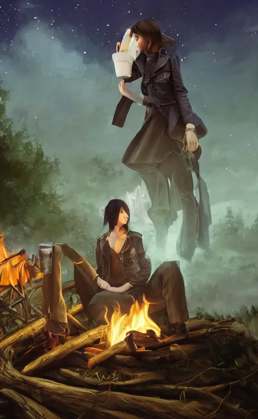 Image similar to a girl from final fantasy live action, with short black hair and green eyes in a tan trenchcoat sitting on a log and drinking tea by the campfire by her dieselpunk motorcycle at night under the stars, evocative, mystical night, very very very very detailed, award winning, masterpiece digital painting by greg rutkowski, alex grey, artstation, 4 k wallpaper