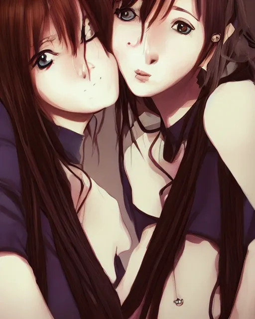 Image similar to portrait of a girl kissing another girl on the neck, anime, trending on Artstation