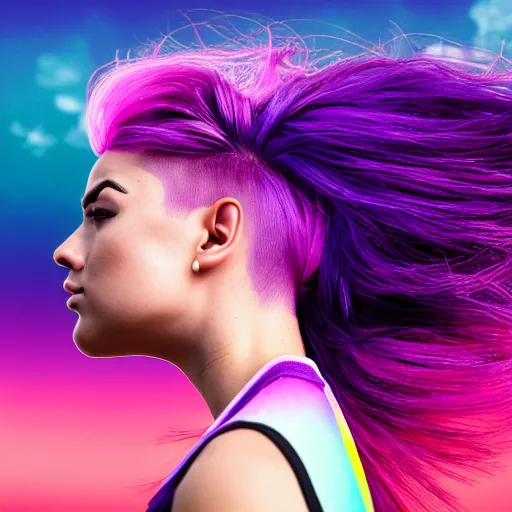 Image similar to a award winning upper body portrait of a beautiful woman in a tanktop with a ombre purple pink hairstyle with head in motion and hair flying, outrun, vaporware, vivid colors, highly detailed, fine detail, intricate