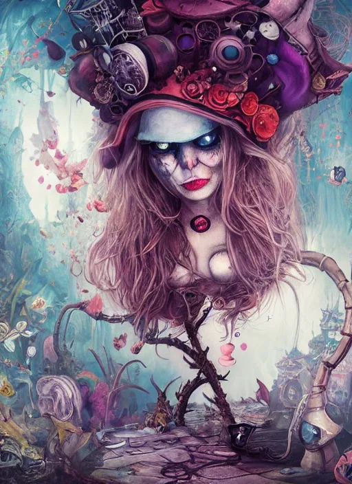 Prompt: alice in wonderland, angry, scary, cheeky, steampunk googles, highly detailed, cinematic, 8 k, by megan duncanson, benjamin lacombe, stanley artgermm, tom bagshaw, craig mullins, carne griffiths, ayami kojima, beksinski, giger, trending on deviantart, hyper detailed, horror, full of colour