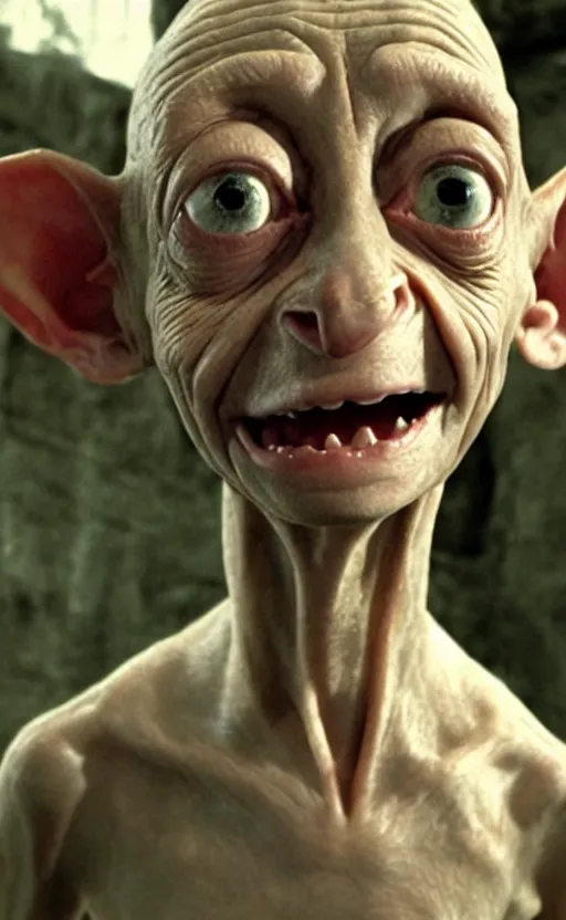 Image similar to dobby gollum, cinema still