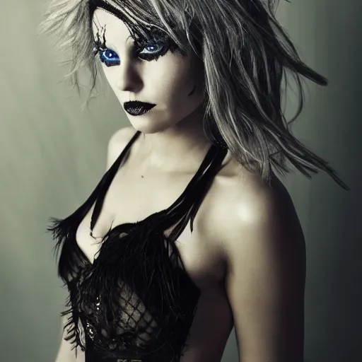 Image similar to Goth lady portrait in swimsuit, silver hair, messy hair, blue eyes