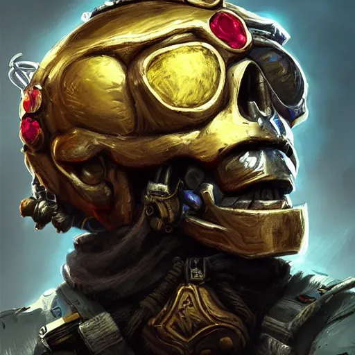 Image similar to a golden skull face monkey warrior with a ruby in his forehead, Apex Legends character digital illustration portrait design, by android jones, detailed, cinematic lighting, wide angle action dynamic portrait
