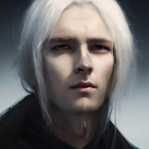 Prompt: portrait of a young man in a black cloak, silver hair, purple eyes, detailed face, highly detailed, cinematic lighting, digital art painting by greg rutkowski.