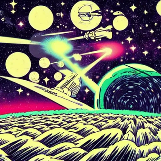 Image similar to colorful mcbess style galactic war