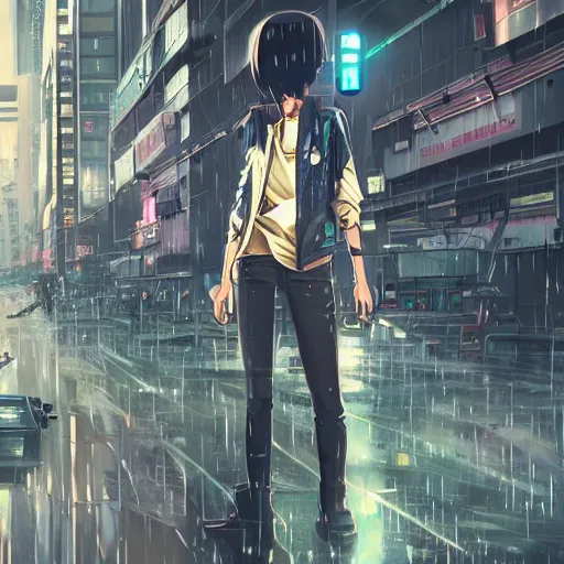 Image similar to mechanical android in overcrowded urban dystopia bustling city raining makoto shinkai