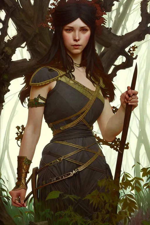 Image similar to beautiful digital painting of a stylish medieval female warrior forest with high detail, 8 k, stunning detail, works by artgerm, greg rutkowski and alphonse mucha, unreal engine 5, 4 k uhd