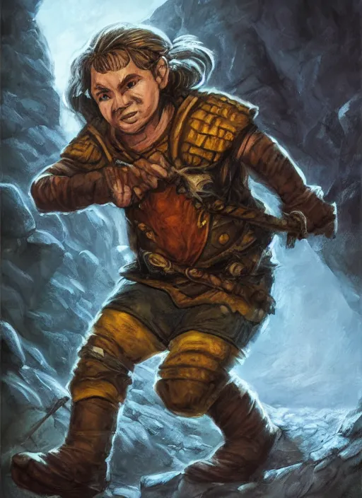 Prompt: A fantasy comic book roleplaying game style portrait painting of a halfling rogue sneaking in a cavern, DAZ, hyperrealistic, ambient light, dynamic light