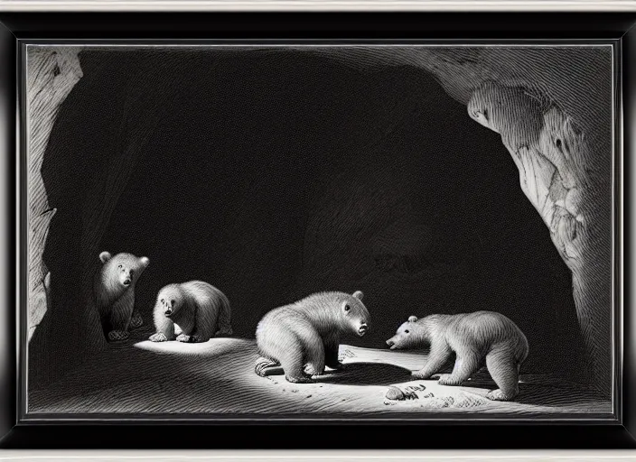 Image similar to Pieter Claesz's 'viewer looking into dark cave and seeing a mother bear and her cubs sleeping', night time, cross hatching, framed