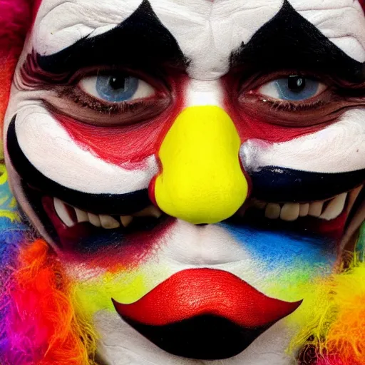 Prompt: An extreme close up photograph of a clown's painted face