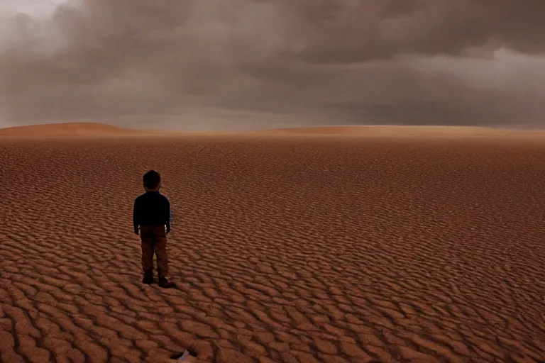 Image similar to a cinematic wide angle shot of a boy in the movie dune, in a serene vast desert, stormy weather, dry, film still, cinematic, movie still, dramatic lighting, by annie leibovitz