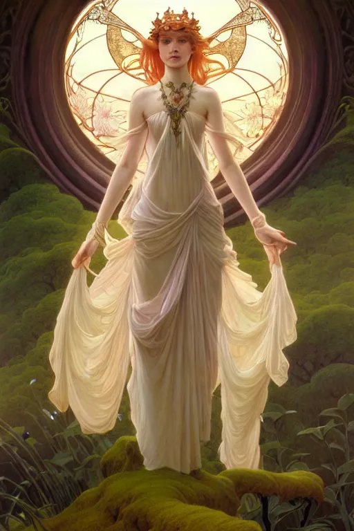 Prompt: portrait of a transcendental young fairy princess, d & d, fantasy, intricate, elegant, highly detailed, digital painting, artstation, concept art, smooth, sharp focus, illustration, art by artgerm and greg rutkowski, maxfield parrish and alphonse mucha, new art nouveau, tarot card