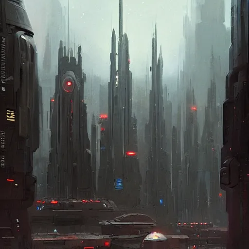 Image similar to star wars concept art by greg rutkowski, a huge metropolis with sharp and elegant buildings, it is night and it feels busy, the buildings are bright, dark and reddish night sky, cinematic lighting, oppressive atmosphere.