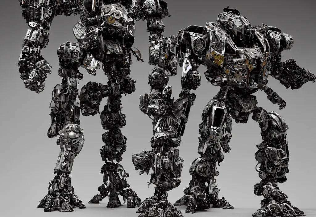 Image similar to giant mech, in the style of kow yokoyama, mecha, made of polychrome plaster stucco, covered in black shiny metallic paint, middle eastern details, cracked, chiaroscuro lighting, gyokugan, dirty, faceted style patterns, realistic, highly detailed, photography, high contrast, masterpiece, octane render,