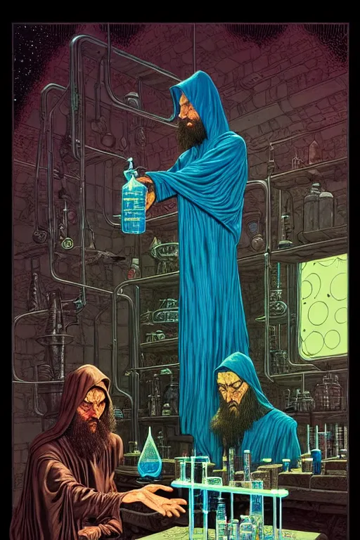 Image similar to ancient cloaked wizards mixing potions in his laboratory, high details, intricately detailed, by vincent di fate, inking, 3 color screen print, masterpiece, trending on artstation,, sharp, details, hyper - detailed, hd, 4 k, 8 k