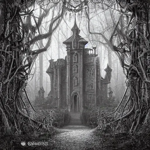 Image similar to mystical baroque castle in haunted swamp surrounded by dense forest with vines, creepy ambiance, desaturated, highly detailed, sharp focus, brutalist architecture, by artgerm, cgsociety