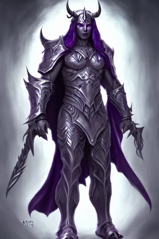 Image similar to human male demon, full body white purple cloak, hero, heavy scale armor, character concept art, costume design, black eyes, white horns, trending on artstation, Artgerm , WLOP