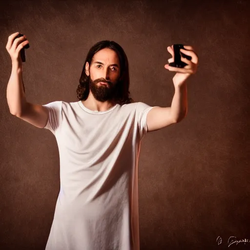 Prompt: jesus christ taking a selfie and posing for a photo, award winning photography, hdr, studio lighting, dynamic pose, medium close shot, shot on canon eos r 5, f / 2. 5,