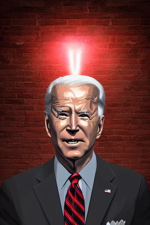 Prompt: biden with glowing red eyes breaking through a brick wall digital art illustration highly detailed lighting from below