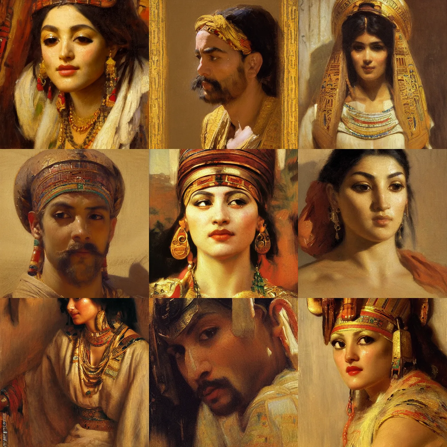 Prompt: orientalism painting of an ancient egyptian face detail by theodore ralli and nasreddine dinet and anders zorn and nikolay makovsky and edwin longsden long, oil on canvas, masterful intricate artwork, excellent lighting, high detail 8 k