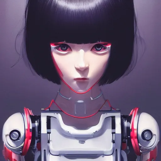 Image similar to A beautiful cyborg woman with big and cute eyes || VERY ANIME, fine-face, red and black robotic parts, realistic shaded perfect face, fine details. Anime. realistic shaded lighting poster by Ilya Kuvshinov katsuhiro otomo ghost-in-the-shell, magali villeneuve, artgerm, Jeremy Lipkin and Michael Garmash, Rob Rey and Kentarõ Miura style, trending on art station