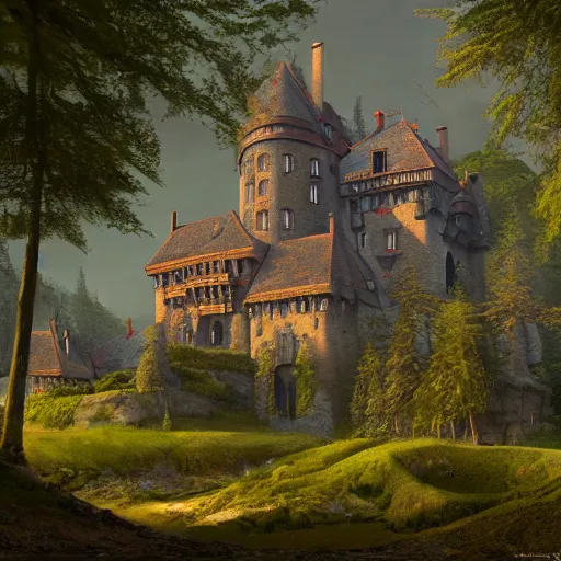 Prompt: a painting of a castle in the middle of a forest, a detailed matte painting by senior environment artist, cgsociety, gothic art, matte painting, rendered in unreal engine, artstation hq
