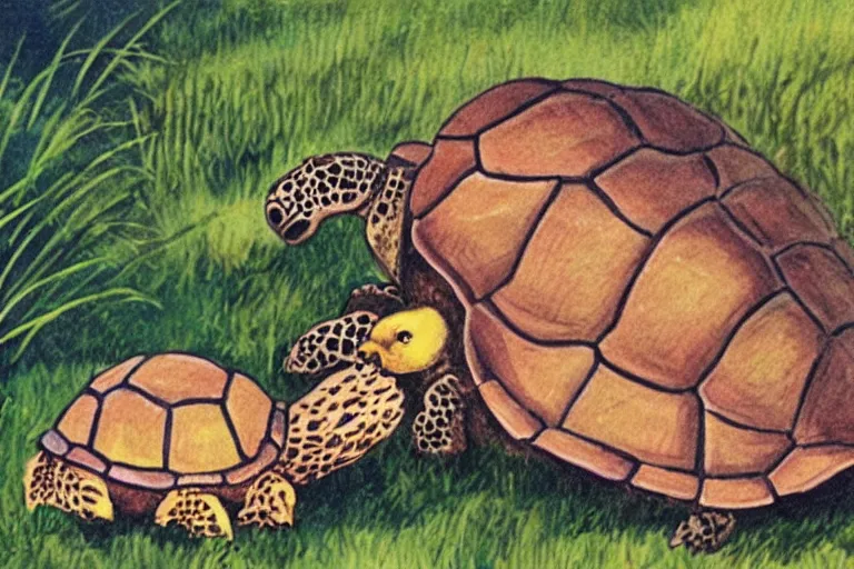 Image similar to turtle and chick, children's book illustration, beautiful