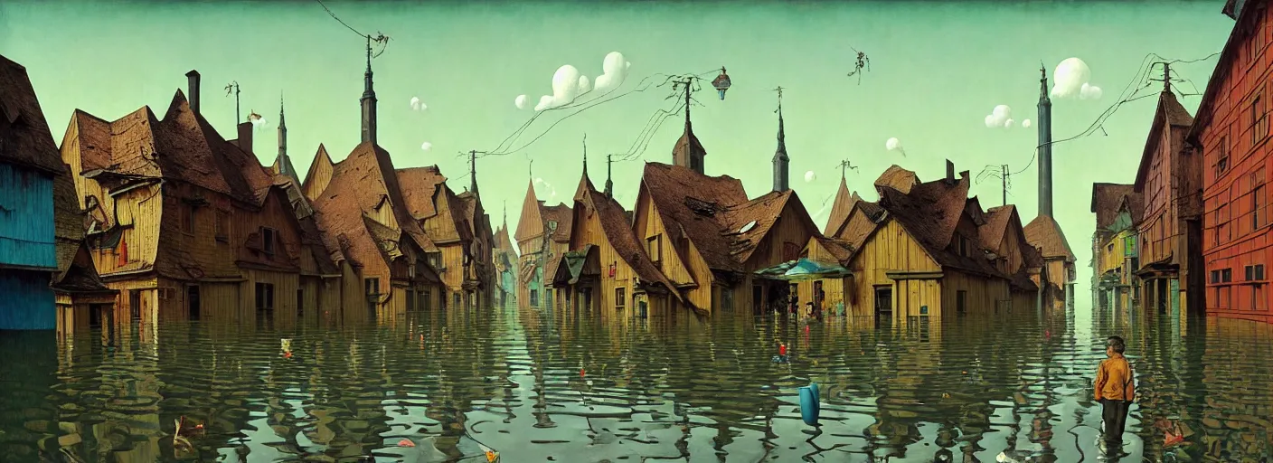 Image similar to flooded! old wooden empty cursed city street, very coherent and colorful high contrast masterpiece by gediminas pranckevicius rene magritte norman rockwell franz sedlacek, full - length view, dark shadows, sunny day, hard lighting, reference sheet white background