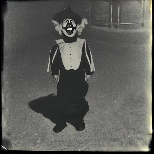 Image similar to dark Polaroid of creepy clown standing near playground