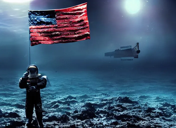 Image similar to astronaut holding a flag in an underwater desert. a submarine is visible in the distance. dark, concept art, cinematic, dramatic, atmospheric, 8 k, trending on artstation, blue, fish, low visibility, fog, ocean floor, christopher nolan, interstellar