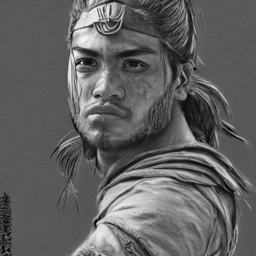 Image similar to Kurdish samurai, detailed charcoal sketch, realistic, incredibly detailed, award winning art, cinematic, extremely high detail, concept art, 4k fantasy art, trending on artstation, full body shot