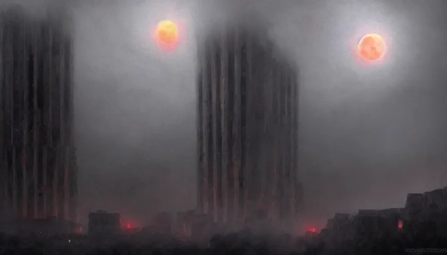 Prompt: an old brutalist building rising up from the mist at night silhouetted by a huge bloodmoon, by Noah Bradley, thomas kincade, Darek Zabrocki, brutalist, James Paick, Natasha Tan, highly detailed, ultra detailed, ultra realistic, trending on artstation, lava, dungeons and dragons, spooky, haunted, geiger