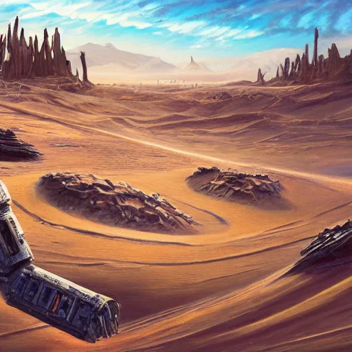 Prompt: painting of a sand landscape, futuristic, wreckage of giant, buried, humanoid robots, oasis, 4 k, desolation