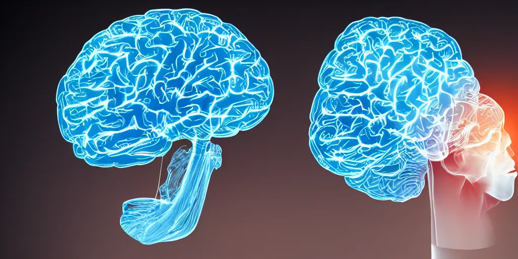 Prompt: open book near half-face The head with blue semi-transparent brain, light